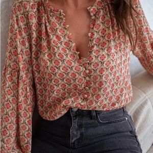 Floral Button-Up Blouse - Pink and Cream